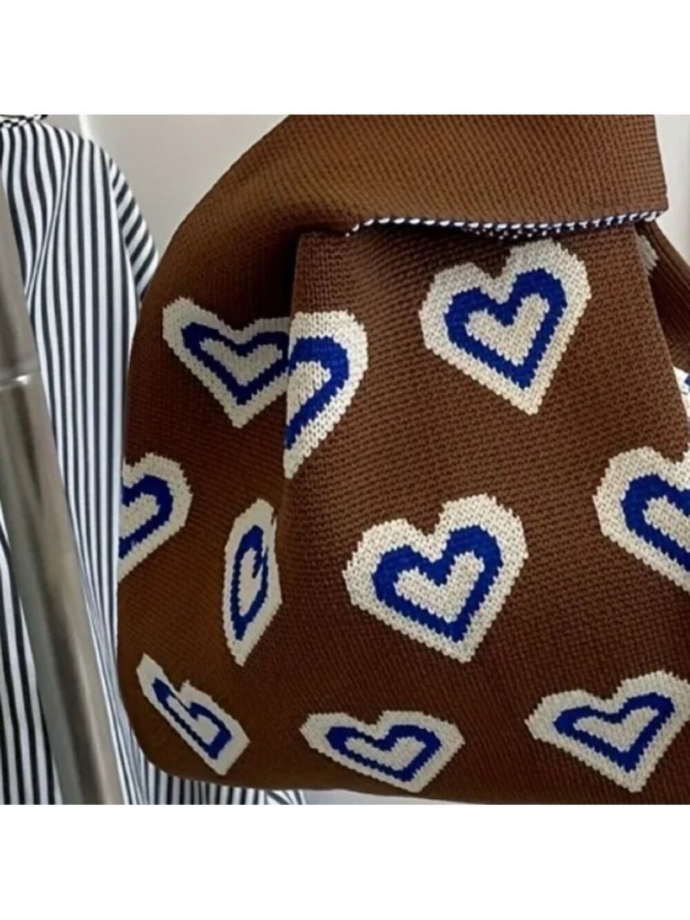 Heavy Woven Knit Heart Pattern Tote Purse Bag Japanese Knot Closure Style - Picture 5 of 6